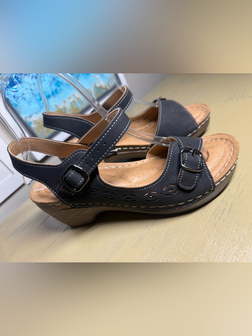 Patrizia by Springstep Shantay Black Slingback Wedge Sandals Adjustable Buckles